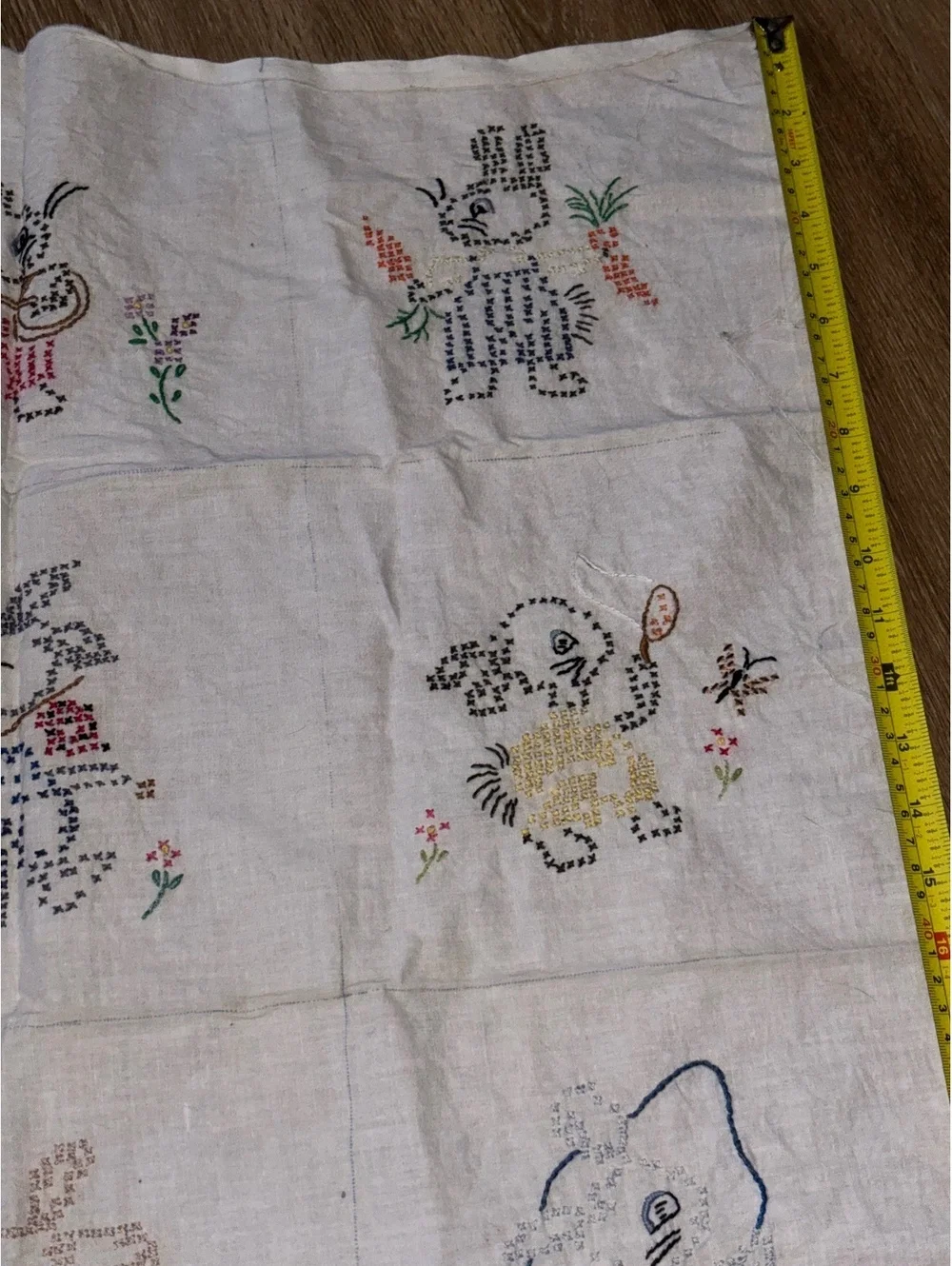 Vintage Hand Embroidered Bunny Baby Quilt Top Unfinished D75